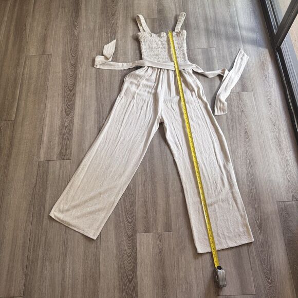 Lulus Beige Linen Blend Smocked Wide-Leg Jumpsuit Size XS Boho Euro Chic W Belt - Picture 2 of 11